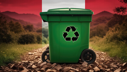 A garbage bin stands amidst the forest backdrop, with the Peru flag waving above. Embracing eco-friendly practices, promoting waste recycling, and preserving nature's sanctity.