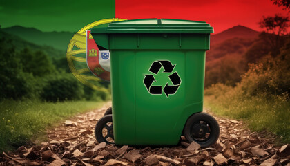 A garbage bin stands amidst the forest backdrop, with the Portugal flag waving above. Embracing eco-friendly practices, promoting waste recycling, and preserving nature's sanctity.