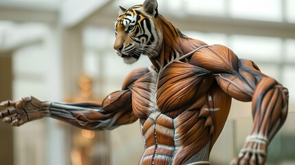 Fototapeta na wymiar human muscular body with tiger face, funny concept with scientific touch