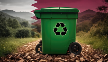A garbage bin stands amidst the forest backdrop, with the Qatar flag waving above. Embracing eco-friendly practices, promoting waste recycling, and preserving nature's sanctity.