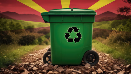 A garbage bin stands amidst the forest backdrop, with the Republic of Macedonia flag waving above. Embracing eco-friendly practices, promoting waste recycling, and preserving nature's sanctity.