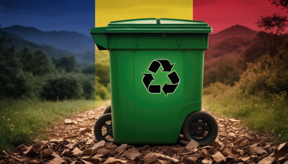 A garbage bin stands amidst the forest backdrop, with the Romania flag waving above. Embracing eco-friendly practices, promoting waste recycling, and preserving nature's sanctity.