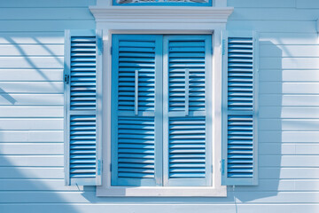 Blue louvered window shutters on a white house.