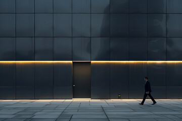 Businessman walking past dark wall business center with modern light conference room. - obrazy, fototapety, plakaty