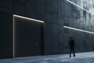 Businessman walking past dark wall business center with modern light conference room.