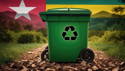 A garbage bin stands amidst the forest backdrop, with the Togo flag waving above. Embracing eco-friendly practices, promoting waste recycling, and preserving nature's sanctity.