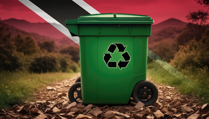 A garbage bin stands amidst the forest backdrop, with the Trinidad and Tobago flag waving above. Embracing eco-friendly practices, promoting waste recycling, and preserving nature's sanctity.