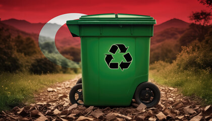 A garbage bin stands amidst the forest backdrop, with the Turkey flag waving above. Embracing eco-friendly practices, promoting waste recycling, and preserving nature's sanctity.
