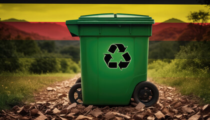 A garbage bin stands amidst the forest backdrop, with the Uganda flag waving above. Embracing eco-friendly practices, promoting waste recycling, and preserving nature's sanctity.