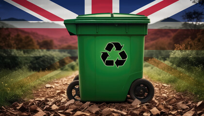 A garbage bin stands amidst the forest backdrop, with the United Kingdom flag waving above. Embracing eco-friendly practices, promoting waste recycling, and preserving nature's sanctity.