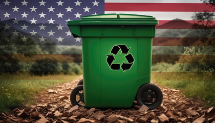 A garbage bin stands amidst the forest backdrop, with the USA flag waving above. Embracing eco-friendly practices, promoting waste recycling, and preserving nature's sanctity.