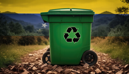 A garbage bin stands amidst the forest backdrop, with the Venezuela flag waving above. Embracing eco-friendly practices, promoting waste recycling, and preserving nature's sanctity.