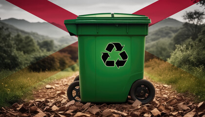 A garbage bin stands amidst the forest backdrop, with the Alabama flag waving above. Embracing eco-friendly practices, promoting waste recycling, and preserving nature's sanctity.