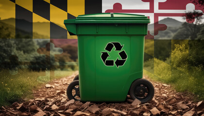 A garbage bin stands amidst the forest backdrop, with the Maryland flag waving above. Embracing eco-friendly practices, promoting waste recycling, and preserving nature's sanctity.