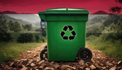 A garbage bin stands amidst the forest backdrop, with the Missouri flag waving above. Embracing eco-friendly practices, promoting waste recycling, and preserving nature's sanctity.