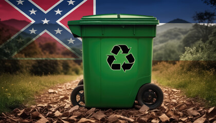 A garbage bin stands amidst the forest backdrop, with the Mississippi flag waving above. Embracing eco-friendly practices, promoting waste recycling, and preserving nature's sanctity.