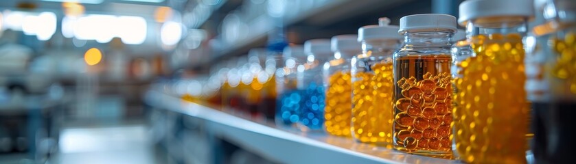 A variety of pills in colorful bottles on a shelf in a pharmacy or laboratory. - obrazy, fototapety, plakaty