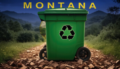 A garbage bin stands amidst the forest backdrop, with the Montana flag waving above. Embracing eco-friendly practices, promoting waste recycling, and preserving nature's sanctity.
