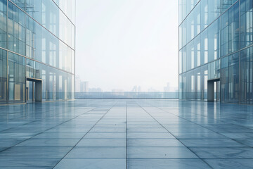 Empty ground in front of modern glass wall facade buildings. - obrazy, fototapety, plakaty