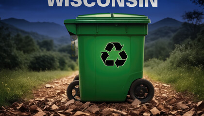 A garbage bin stands amidst the forest backdrop, with the Wisconsin flag waving above. Embracing eco-friendly practices, promoting waste recycling, and preserving nature's sanctity.