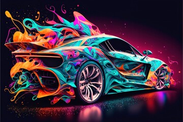 Abstract sport car with colorful splashes on black background. Vector illustration