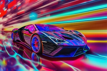 3D rendering of a brand-less generic concept car in neon light
