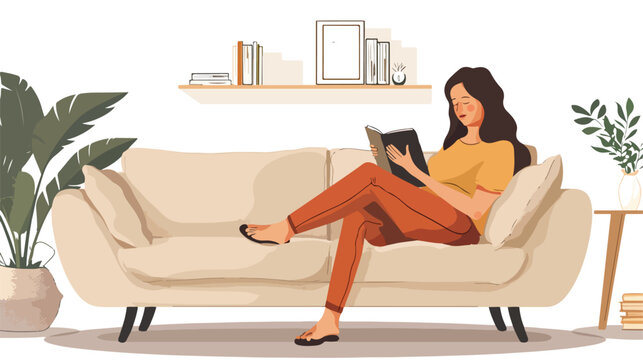 Woman reading book while sitting on beige sofa