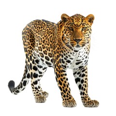 Leopard standing side view isolated on white background, photo realistic.