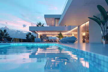 Swimming pool and illuminated modern house exterior against the sky.