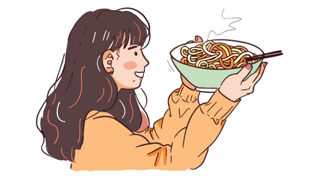 Woman taking pictures with smartphone of asian noodle