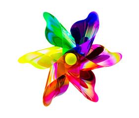 A front view of a regular toy pinwheel windmills with six differently psychedelic colored vanes rotating on a stick on a white screen background