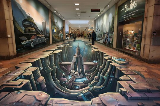 : A 3D chalk art of a futuristic cityscape, with a realistic perspective