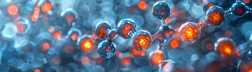 A 3D rendering of a molecular structure with blue and orange spheres connected by glowing bonds. - obrazy, fototapety, plakaty