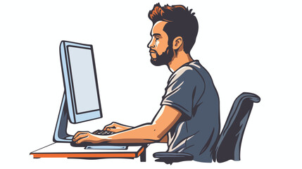 Working at a computer. A man sitting in front of a mo