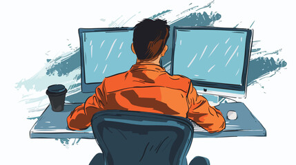Working at a computer. A man sitting in front of a mo