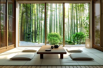 Modern Minimalism Japanese interior Clean lines contemporary space. Sleek tatami mats seamlessly...