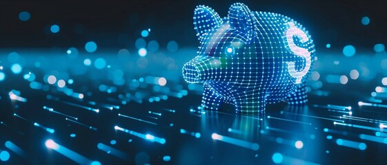digital blue piggy bank with a dollar "$" icon with binary code, ai in financial management systems, budgeting apps, investment platforms, and personalized savings strategies, budgeting apps.
