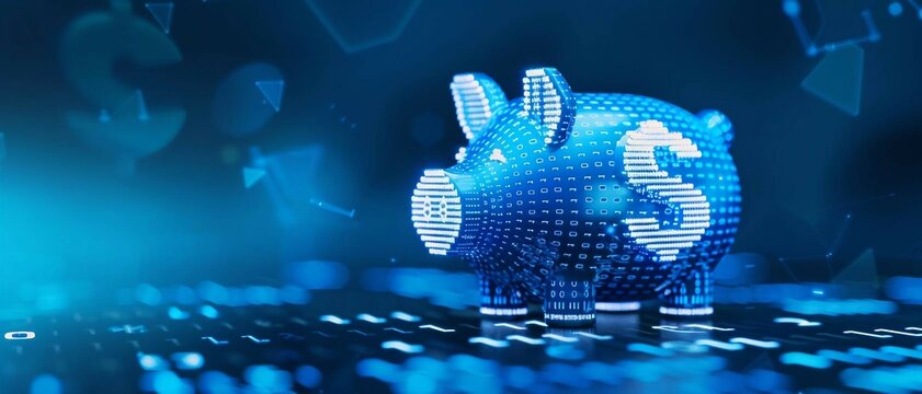 digital blue piggy bank with a dollar "$" icon with binary code, ai in financial management systems, budgeting apps, investment platforms, and personalized savings strategies, budgeting apps.
