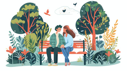 Young couple sitting on bench in park. Hand drawn style