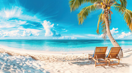 two beach chairs under palm trees on white sand by the ocean at sunny day. two lounge chairs on a sandy beach with blue sky