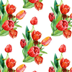 Red tulips seamless pattern. Image on a white and colored background. - 789287393