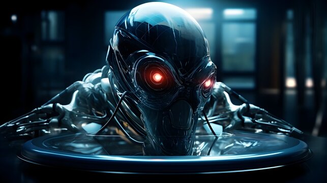 Futuristic Cybernetic Extraterrestrial Experiment in Advanced Science Laboratory with Wired Cyborg and Glowing Vacuum Tubes