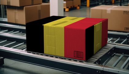 A package adorned with the Belgium flag moves along the conveyor belt, embodying the concept of seamless delivery, efficient logistics, and streamlined customs procedures