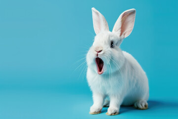 white rabbit with its mouth open isolated on a blue background. easter holiday concept celebration