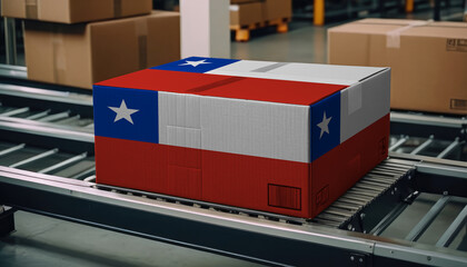 A package adorned with the Chile flag moves along the conveyor belt, embodying the concept of seamless delivery, efficient logistics, and streamlined customs procedures