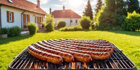 Sausages are grilled against a background of fire and smoke. BBQ concept. Sausages on a charcoal barbecue grill, sausages seasoned with smoke flavor.