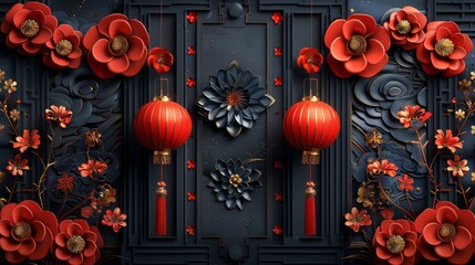 Chinese New Year luxury style pattern background modern. Gold coins, firework, circles, squares in red geometric structures wallpaper. Oriental design for backdrops, cards, posters and