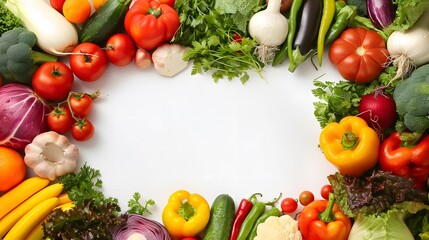 Frame made of different varieties of fresh vegetables with copy space in the middle on white background - Powered by Adobe