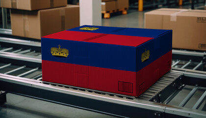 A package adorned with the Liechtenstein flag moves along the conveyor belt, embodying the concept of seamless delivery, efficient logistics, and streamlined customs procedures - obrazy, fototapety, plakaty