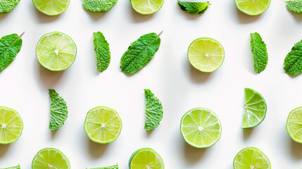 Seamless flat lay background with limes and mint on white background - obrazy, fototapety, plakaty